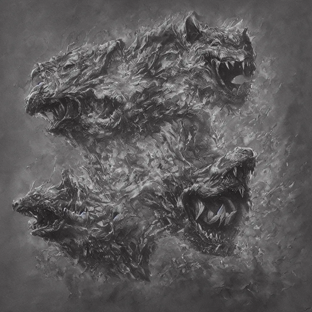 Image similar to demonic and deformed hyena, breathing fire out of its mouth, in the style of zdislaw beksinski