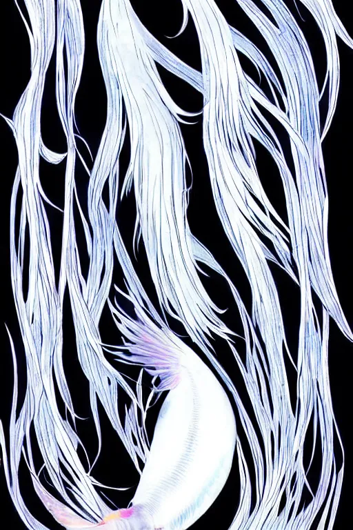 Image similar to a graceful iridescent white betta fish with long swirling fins, black-water-background, manga illustration by hiroshigr