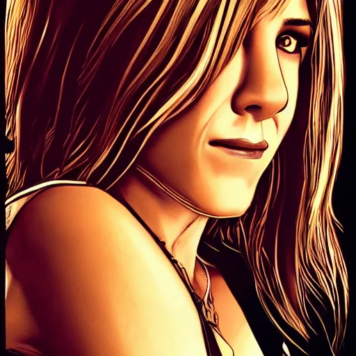 Image similar to jennifer aniston portrait, borderlands, tales from the borderlands, the wolf among us, comic, cinematic lighting, studio quality, 8 k