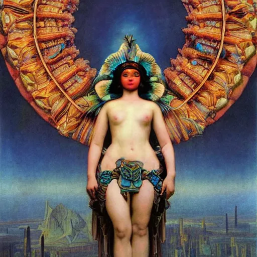 Image similar to goddess of the future city, by Annie Swynnerton and Diego Rivera and Tino Rodriguez and Maxfield Parrish, elaborate headdress and embroidered velvet, iridescent beetles, rich color, dramatic cinematic lighting, extremely detailed