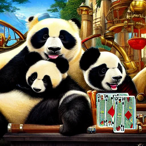 Image similar to panda bears playing cards, realistic, regal, refined, detailed digital art, michael cheval, walt disney ( 1 9 3 7 ), francois boucher, oil painting, steampunk, highly detailed, cinematic lighting, unreal engine, 8 k