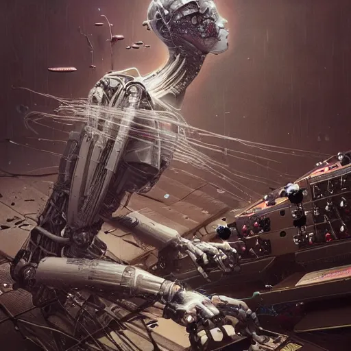 Image similar to robot making modular synth music, art by wagner kuroiwa tristan eaton, stanley artgermm, tom bagshaw, greg rutkowski, carne griffiths, ayami kojima, beksinski, giger, trending on deviantart, photorealistic, vray, hdr, hyper detailed, dramatic lighting, octane render, weta digital, 3 d sculpture