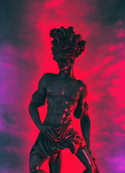 Prompt: elegant dark design poster showing a beautiful greco roman statue, black background with very subtle red and purple design elements, bold, powerful, nekro, vito acconci, thin straight purple lines, dark, glitch art, neo vaporwave, gritty, layout frame, square, trending on artstation