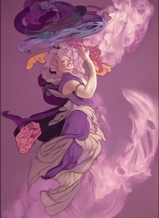 Image similar to madam mim, ugly! purple smoke aura in motion, floating pieces, painted art by tsuyoshi nagano, greg rutkowski, artgerm, alphonse mucha, spike painting