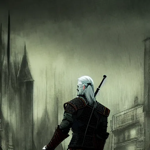 Image similar to Witcher, big city background, artwork by Ben Templesmith, deviantart contest winner,