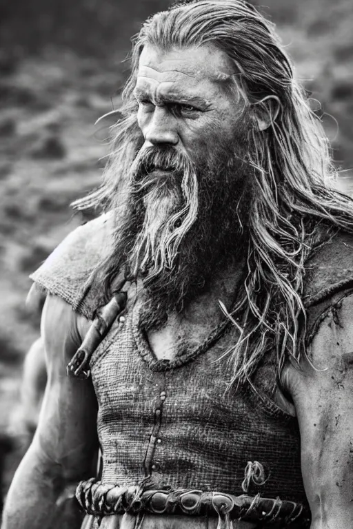 Image similar to realistic photograph of a rugged viking man in the middle of battle, highly detailed, cinematic, portrait, close - up,