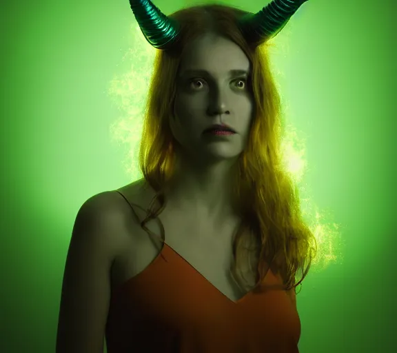 Prompt: portrait of a woman with flaming horns in the wisps of thick smoke, looking into the camera, studio photography, studio lighting, realistic render, octane render, 4 k, 8 k, glowing green eyes, face in focus