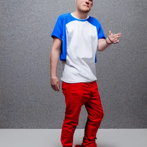 Image similar to a full body shot of an average white, short young - adult man with blue dyed hair holding a microphone, wearing a red backwards cap, white t - shirt with a red no symbol on it, blue long pants and red shoes, photoshoot, grey background