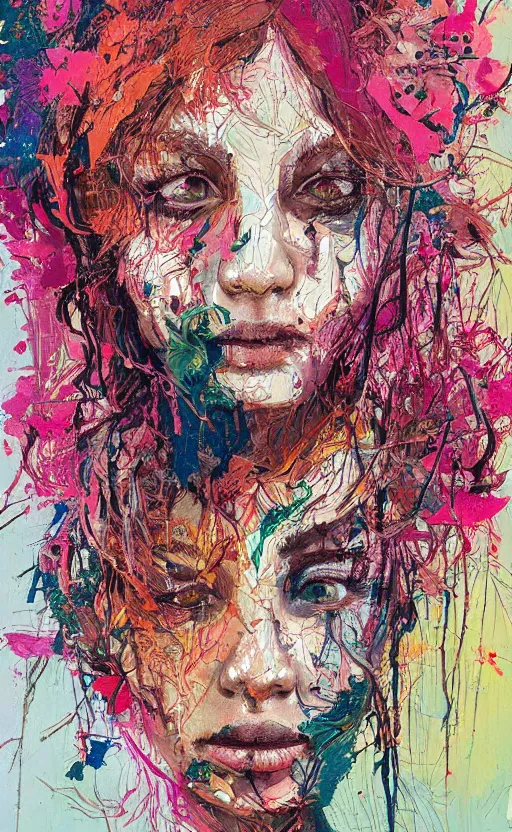 Image similar to illustration, gouache impasto of human face, blossoms, intricate, by carne griffiths