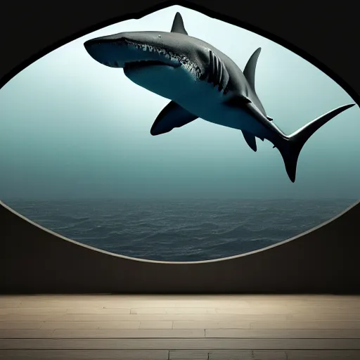 Prompt: photo of a giant shark smiling, trending on artstation, dark atmospheric lighting rear view, 8 k