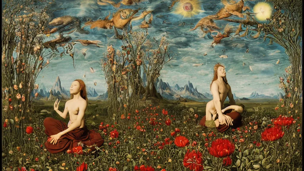Prompt: a fish eye lense photograph of a meditating druid werewolf surrounded by towering bulbous flowers. wide landscape with mountains, river delta. clear blue sky with stars and birds. painted by jan van eyck, max ernst, ernst haeckel and ernst fuchs. trending on artstation, 8 k, award winning, fashion editorial, mythology, photorealistic, cacti everywhere