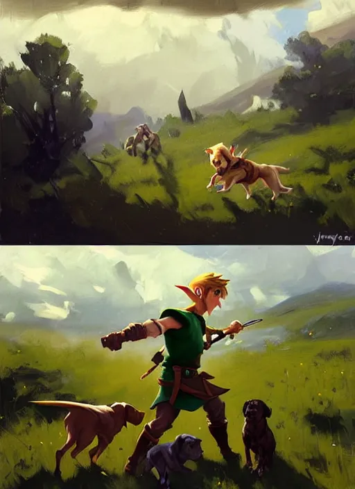 Image similar to Greg Manchess painting of Link from Legend of Zelda in casual wear out with the dogs, countryside, fantasy character portrait, dynamic pose, above view, sunny day, thunder clouds in the sky, artwork by Jeremy Lipkin and Giuseppe Dangelico Pino and Michael Garmash and Rob Rey, very coherent asymmetrical artwork, sharp edges, perfect face, simple form, wacky, 100mm