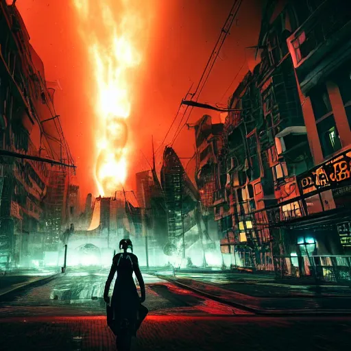 Image similar to a black hole is destroying a gothic cyberpunk City, catastrophic, fire and explosions, the feeling of dread, photorealistic, octane render, unreal engine