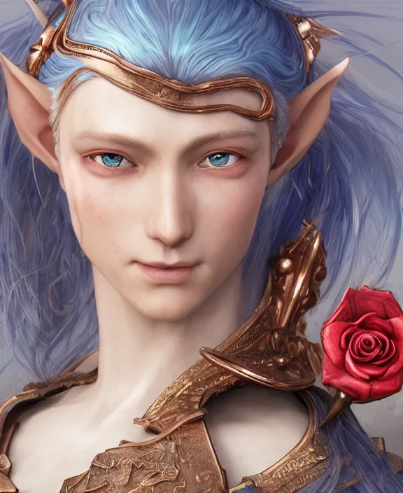 Prompt: a beautiful and highly detailed digital portrait of a dignified elf with long blue windswept hair in a rose gold breastplate by artgerm and lu ji, centered, artsation contest winner, cgsociety, fantasy art, cryengine, concept art, photorealism, daz 3 d, sketchfab, zbrush, vray