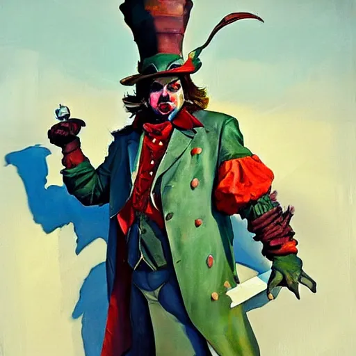 Image similar to greg manchess portrait painting of partially armored mad hatter from alice in wonderland as overwatch character, wacky, medium shot, asymmetrical, profile picture, organic painting, sunny day, matte painting, bold shapes, hard edges, street art, trending on artstation, by huang guangjian and gil elvgren and jesper ejsing