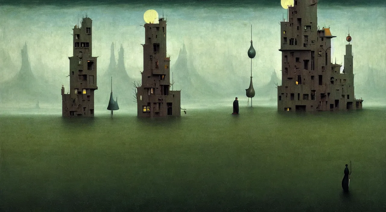 Image similar to single flooded simple!! tower anatomy, very coherent and colorful high contrast masterpiece by franz sedlacek hieronymus bosch dean ellis simon stalenhag rene magritte gediminas pranckevicius, dark shadows, sunny day, hard lighting