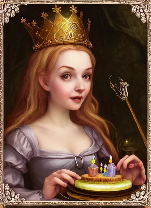 Image similar to highly detailed closeup portrait of a grinning irish fairytale medieval princess eating birthday cake, unreal engine, nicoletta ceccoli, mark ryden, lostfish, earl norem, global illumination, god rays, detailed and intricate environment