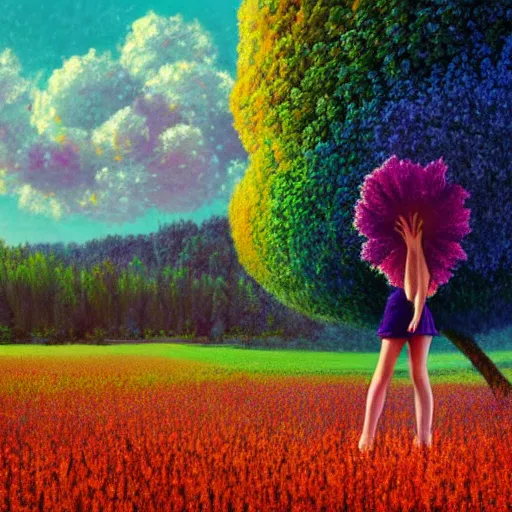 Image similar to giant flower head, girl standing in flower field, surreal photography, big trees, sunrise dramatic light, impressionist painting, colorful clouds, digital painting, pointillism, artstation, simon stalenhag