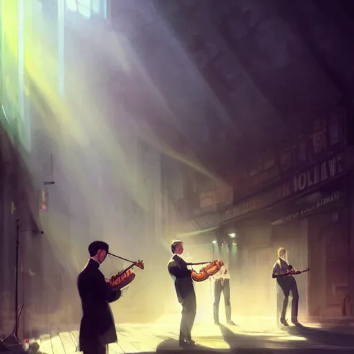 Image similar to the wolfe tones performing music on stage 4 k, concept art, by wlop, ilya kuvshinov, artgerm, krenz cushart, greg rutkowski, pixiv. cinematic dramatic atmosphere, sharp focus, volumetric lighting, cinematic lighting, studio quality