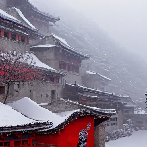 Prompt: cyberpunk shaolin monastery on snowy mountain