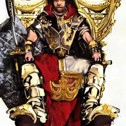 Prompt: modern self portrait of man sitting on throne, legs crossed, while holding a sword, white man, hispanic, brown hair, light skin, golden throne, red robes, 8 k, hi - rez, circles, lamented, clear, brown eyes, colored, sharp, illustrated by yoji shinkawa