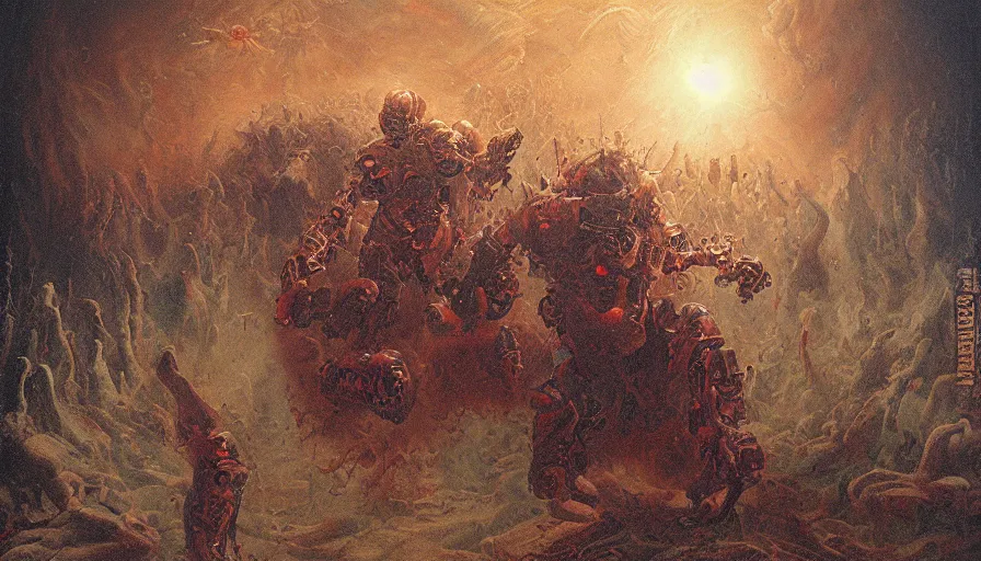 Image similar to robocop fighting demons in hell by agostino arrivabene