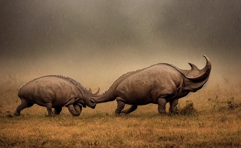 Image similar to nature photography of a rain soaked triceratops and her baby, african savannah, rainfall, muddy embankment, fog, digital photograph, award winning, 5 0 mm, telephoto lens, national geographic