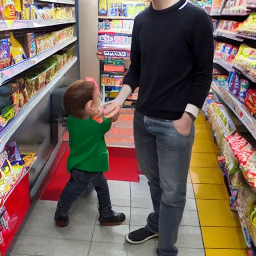 Image similar to Nathan fielder holding a baby in a 7 eleven,