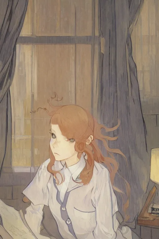 Image similar to a girl in a jk uniform outfit in the bedroom reading a book in a night, raining outside the window, grey and orange theme ， wavy white long hair, by krenz cushart and mucha and akihito yoshida and greg rutkowski and makoto shinkai and vincent van gogh and monet, detailed eyes, 4 k resolution