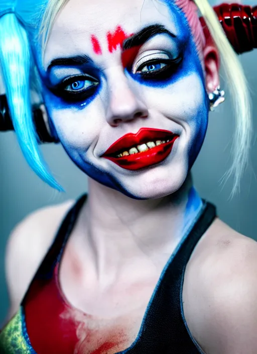 Image similar to photo of a gorgeous harley quinn in the style of derek riggs, realistic, sharp focus, 8 k high definition, insanely detailed, intricate