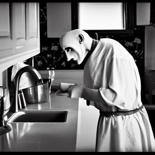 Image similar to portrait of nosferatu washing dishes, realistic detailed photography, 5 0 mm lens