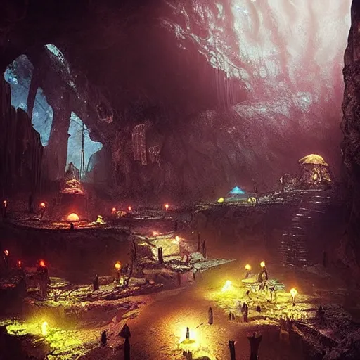 Prompt: “underground dark fantasy city in a giant cave, bioluminescent mushrooms, magic crystals, Artstation HQ, photorealistic, hiperrealistic, 4k UHD, Unreal Engine 5, cinematic shot, cinematic lightning, dark tones, high contrast, masterpiece”