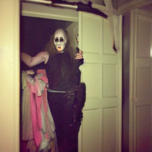 Prompt: grainy photo of erin esurance as a creepy monster in a closet, harsh flash