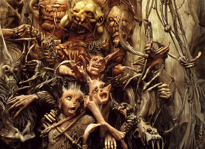 Image similar to goblins from the movie labyrinth by edgar maxence and caravaggio and michael whelan and delacroix style, artistic, intricate painting, cinematic lighting, hyper realistic, extremely detailed, establishing shot, 8 k resolution, dramatic lighting