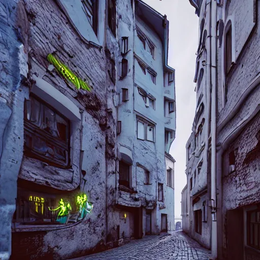Prompt: highly detailed cyberpunk tallinn old town street view by zubkov and beeple