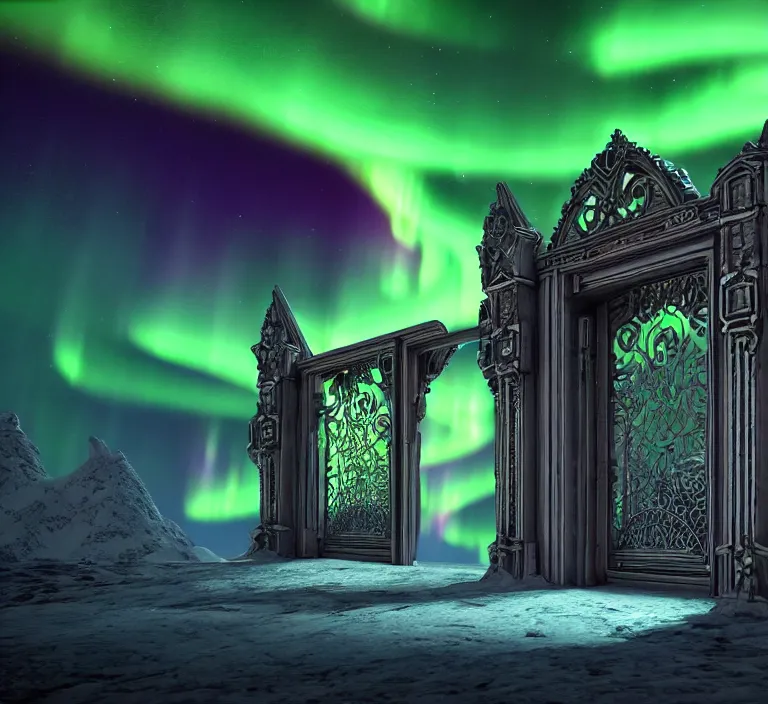 Image similar to a very detailed concept art of intricate and epic gates to aurora borealis, trending on artstation, symmetry, digital art, 4 k, hyper realistic, octane render, sharp focus