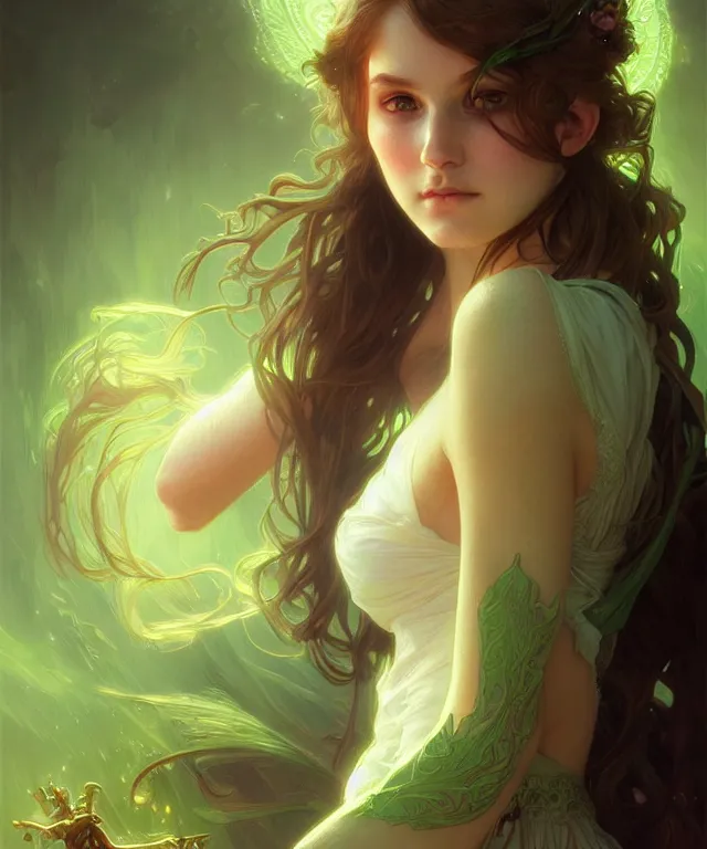 Image similar to Fae teenage girl, portrait, green eyes, face, long hair, fantasy, intricate, elegant, highly detailed, digital painting, artstation, concept art, smooth, sharp focus, illustration, art by artgerm and greg rutkowski and alphonse mucha