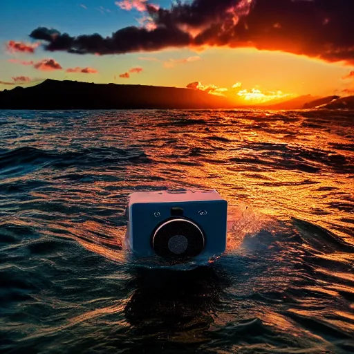 Image similar to 4 k somy a 7 wide angle photo boombox speaker half submerged in water with a wave rolling over it in hawaii at dusk with neon lighting