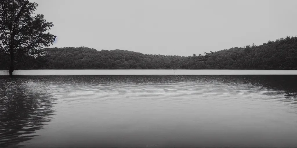 Prompt: centered photograph of a infintely long rope zig zagging across the surface of the water into the distance, floating submerged rope stretching out towards the center of the lake, a dark lake on a cloudy day, moody vibe, trees in the background, hyper - detailed photo, anamorphic lens