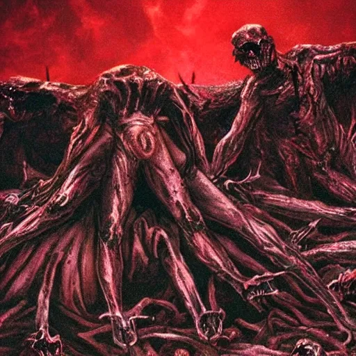 Prompt: demon eating man flesh on a huge pile of dead bloody bodies, rivers of blood running down, black ground, black sky, red sun