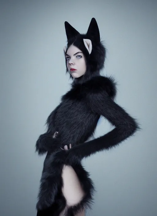 Prompt: full body environmental portrait photo of dressed catgirl anya taylor - joy, cat ears, fur, glamour shot by gemmy woud - binnendijk, chris knight, photorealistic, canon r 3, high fashion photography, elegant, luxury and elite, symmetry, octane render, unreal engine, solid dark grey background, dramatic lights