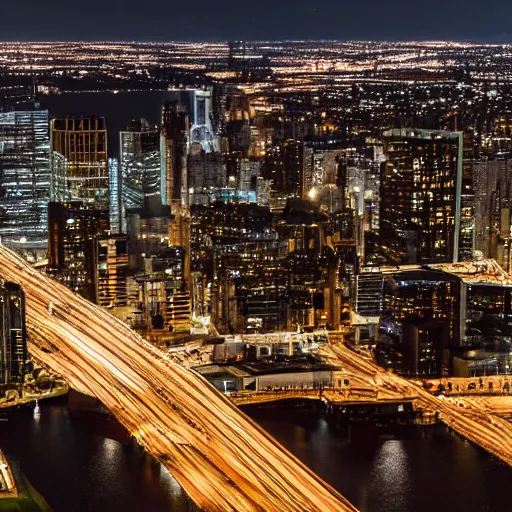 Prompt: nighttime cityscape photo shot from helicopter ultradetailed 8 k