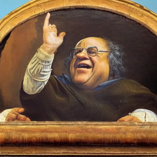 Image similar to renaissance painting of danny devito sitting on a stool, historical, artwork, oil painting, fresco painting, tempera painting