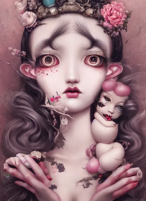 Image similar to pop surrealism, lowbrow art, realistic cute seductive female painting, japanese style, hyper realism, muted colours, rococo, kaname ozuma, natalie shau tom bagshaw, mark ryden, trevor brown style,