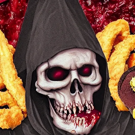 Prompt: grimace reaper, blood and nuggets fast food death metal album cover