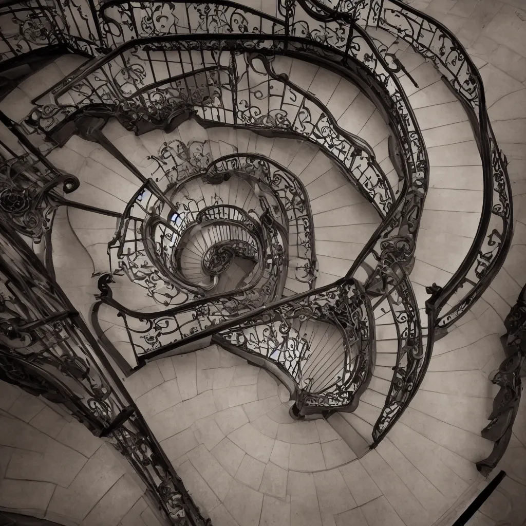 Image similar to a art - nouveau spiral staircase. dark stairs. tall building, seen from the top. realistic shadows. detailed, octane render, simplistic, hyperrealistic, very coherent, hyper realism, high detail, octane render, 8 k