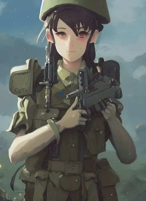 Prompt: portrait of cute soldier girl, cloudy sky background lush landscape illustration concept art anime key visual trending pixiv fanbox by wlop and greg rutkowski and makoto shinkai and studio ghibli and kyoto animation soldier clothing military gear realistic anatomy mechanized modern warfare arknights