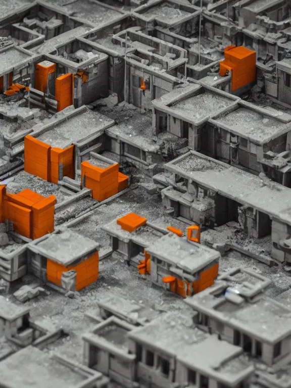 Image similar to mega detailed miniature voxel diorama abandoned research facility, brutalism architecture, suburban, hard lights are on in the windows, dark night, fog, winter, blizzard, uncozy and not peaceful atmosphere, row of street lamps with warm orange light, several ruins nearby, 1 9 6 0