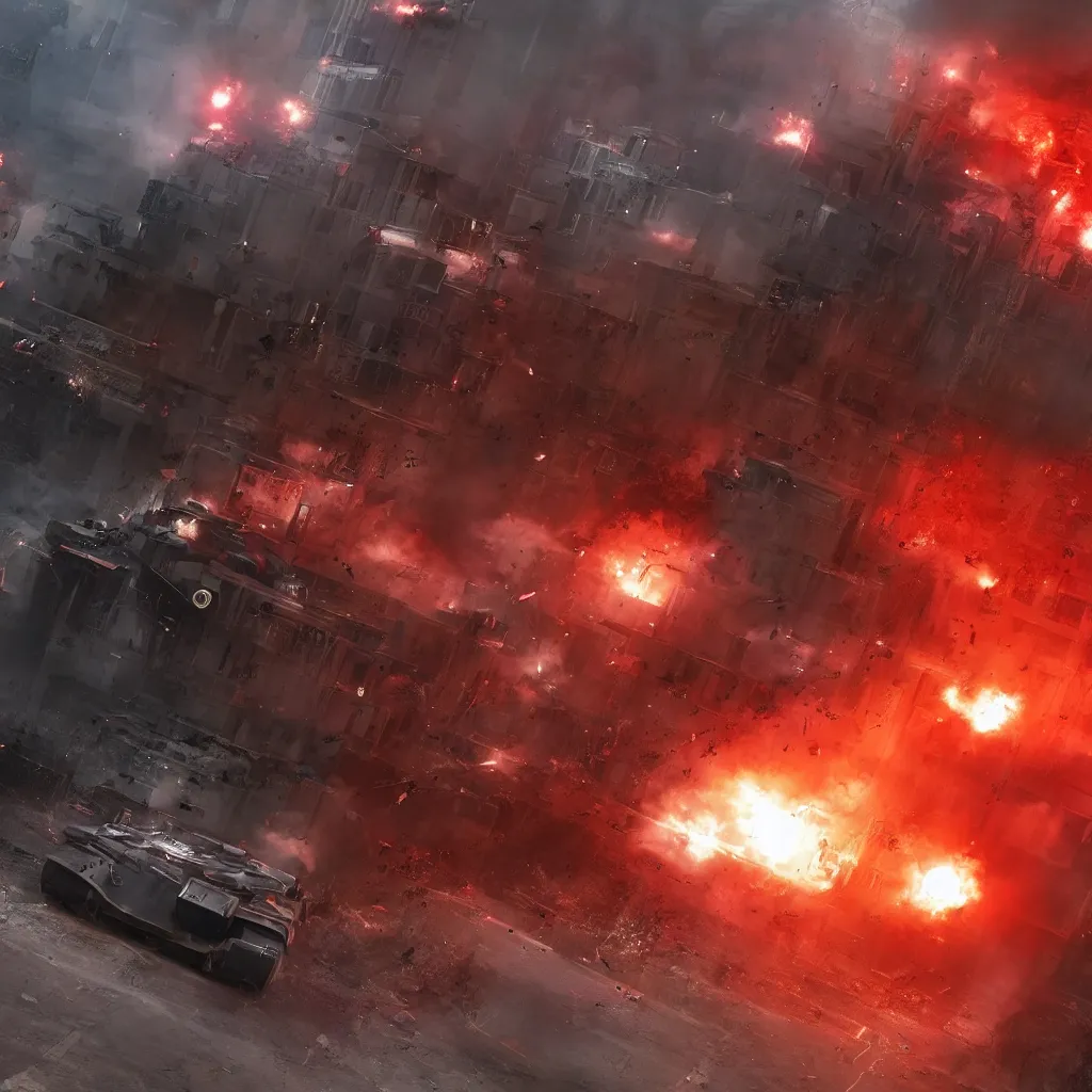 Image similar to a single futuristic tank shooting at the building, red fiery explosions, detailed, movie scene, cinematic lights, 3 d photorealistic