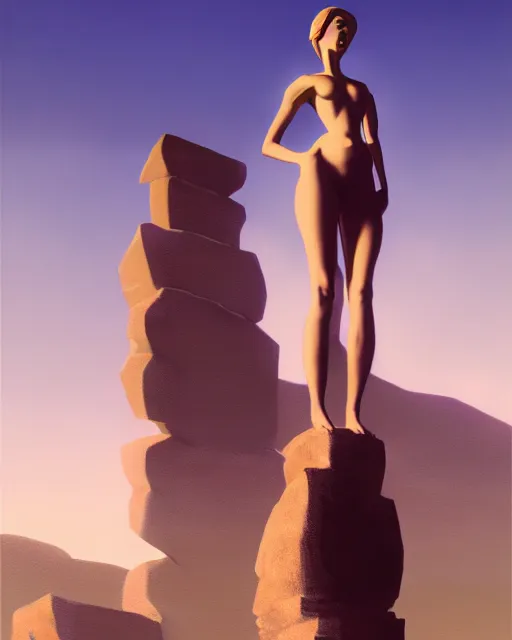 Image similar to a painting of a real woman standing in front of a huge stone statue, a screenshot by stanley twardowicz, cgsociety, aestheticism, aesthetic, vaporwave, anime aesthetic